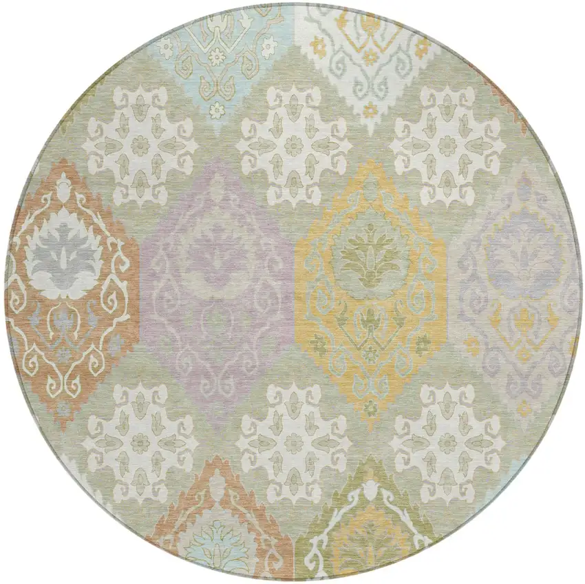 8' Green And Sky Blue Round Geometric Washable Indoor Outdoor Area Rug Photo 1
