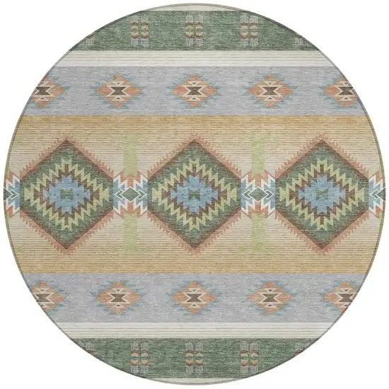 8' Green And Tan Round Southwestern Washable Indoor Outdoor Area Rug Photo 3