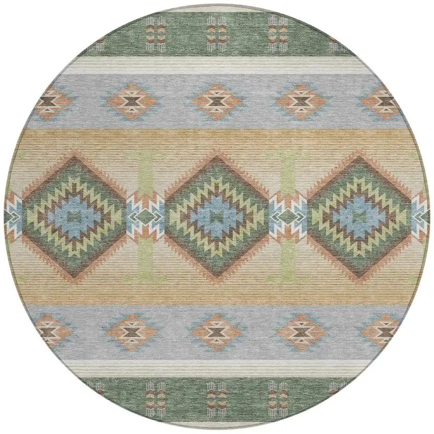 8' Green And Tan Round Southwestern Washable Indoor Outdoor Area Rug Photo 3