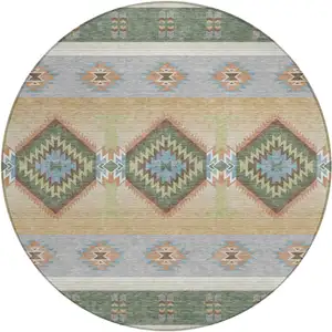 Photo of 8' Green And Tan Round Southwestern Washable Indoor Outdoor Area Rug