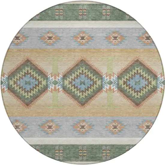 8' Green And Tan Round Southwestern Washable Indoor Outdoor Area Rug Photo 1