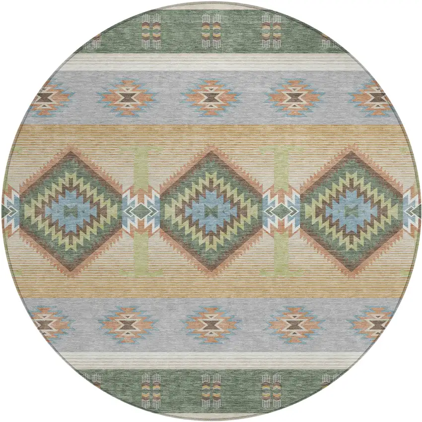 8' Green And Tan Round Southwestern Washable Indoor Outdoor Area Rug Photo 1