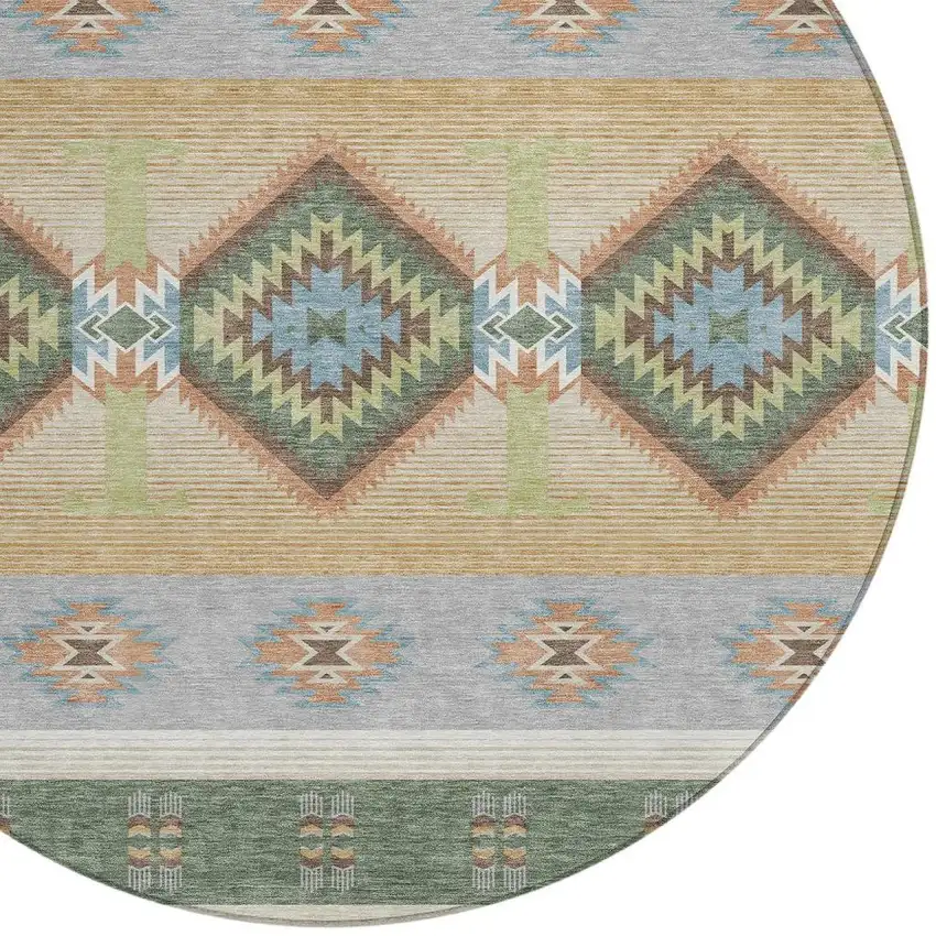 8' Green And Tan Round Southwestern Washable Indoor Outdoor Area Rug Photo 2