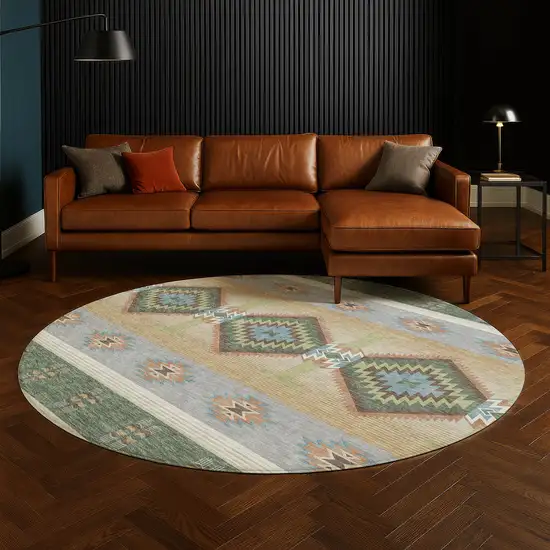 8' Green And Tan Round Southwestern Washable Indoor Outdoor Area Rug Photo 5