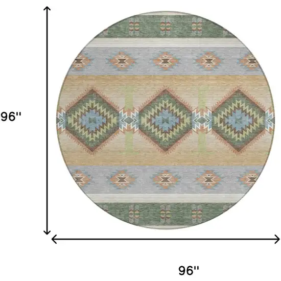 8' Green And Tan Round Southwestern Washable Indoor Outdoor Area Rug Photo 8