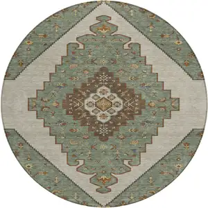 Photo of 8' Green And Taupe Round Geometric Washable Indoor Outdoor Area Rug