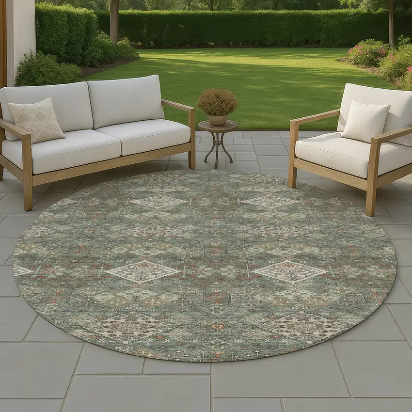 8' Green And Taupe Round Geometric Washable Indoor Outdoor Area Rug Photo 4