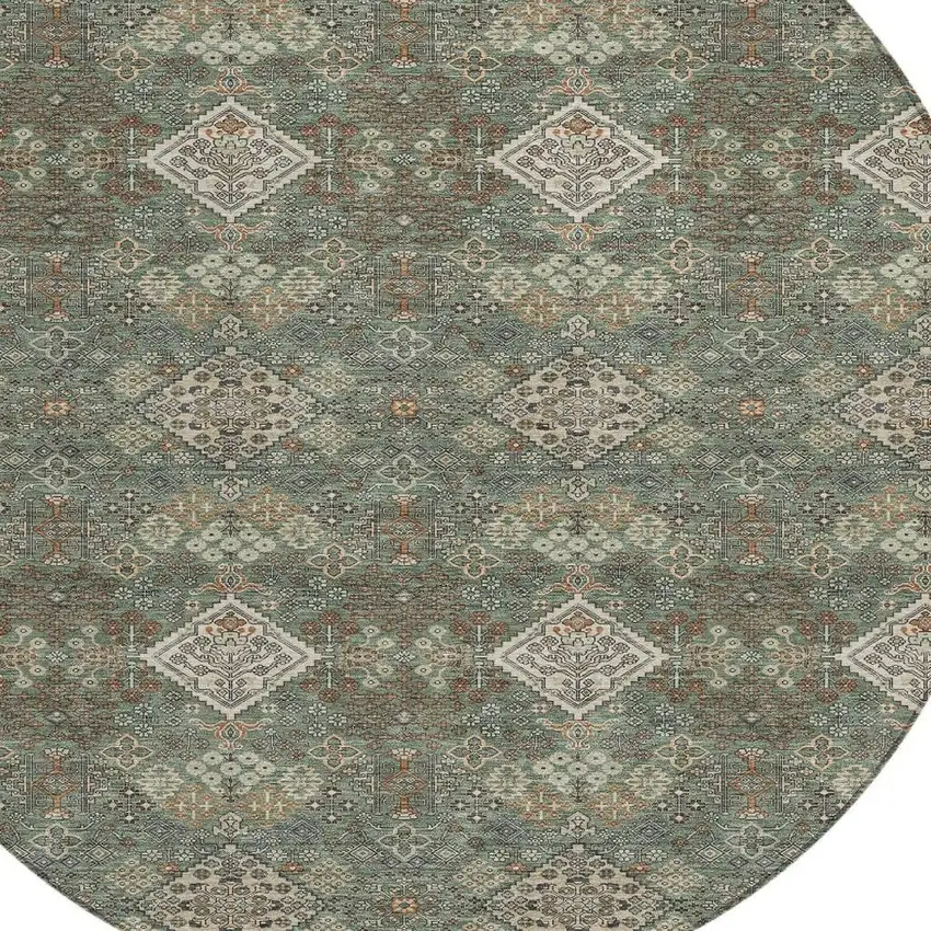 8' Green And Taupe Round Geometric Washable Indoor Outdoor Area Rug Photo 2