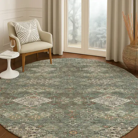 8' Green And Taupe Round Geometric Washable Indoor Outdoor Area Rug Photo 5