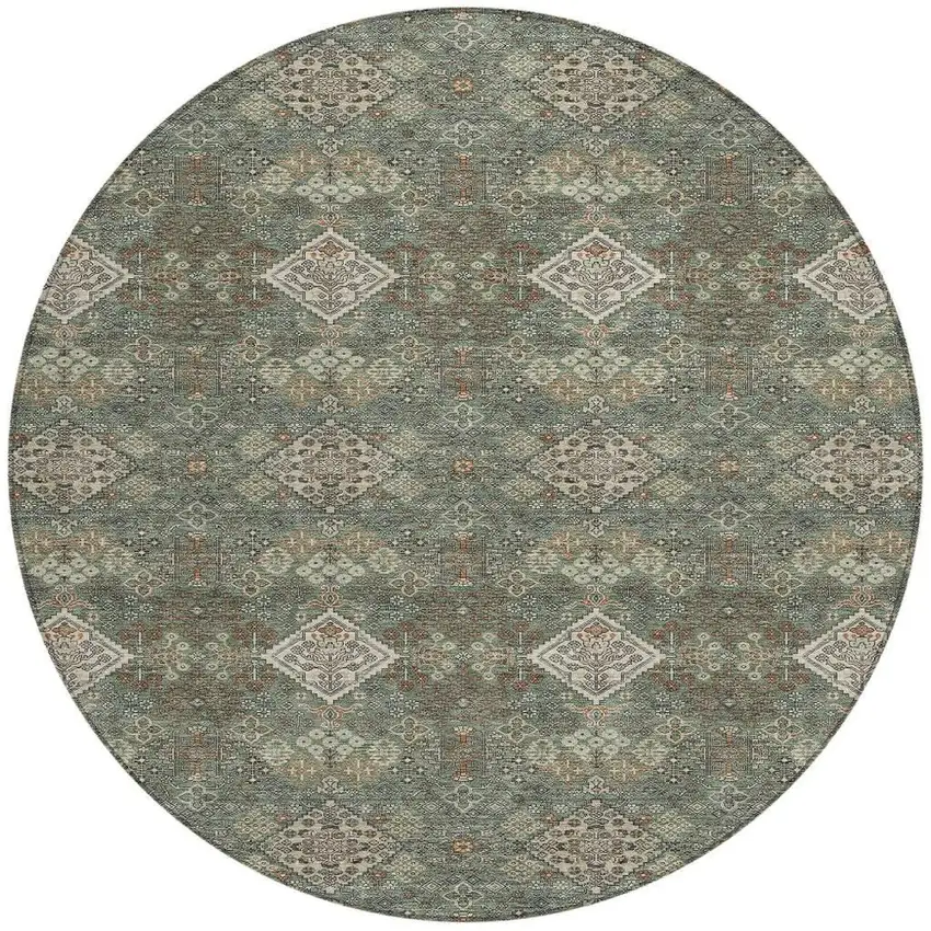 8' Green And Taupe Round Geometric Washable Indoor Outdoor Area Rug Photo 3