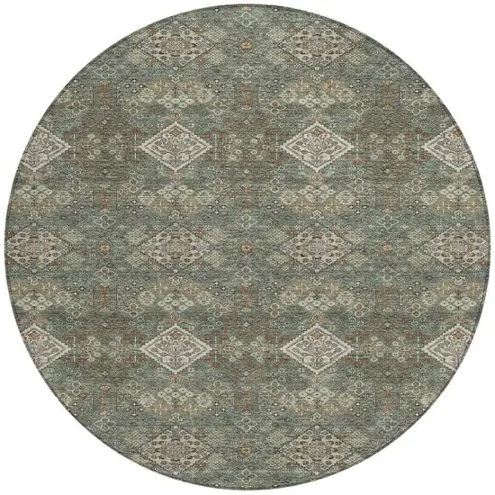 8' Green And Taupe Round Geometric Washable Indoor Outdoor Area Rug Photo 3