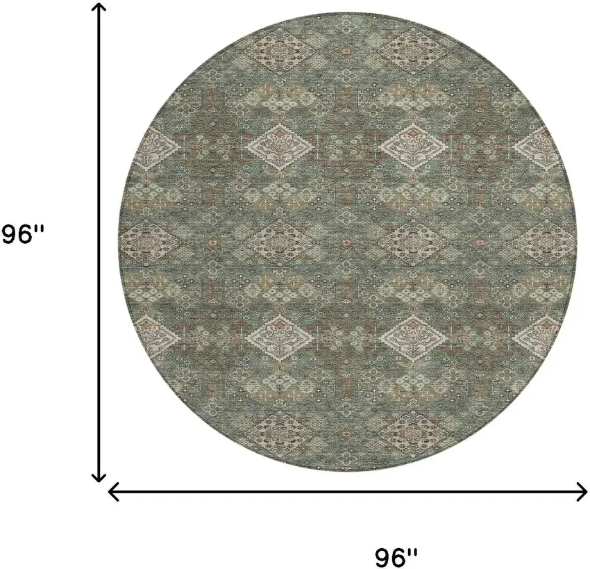 8' Green And Taupe Round Geometric Washable Indoor Outdoor Area Rug Photo 8