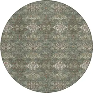 Photo of 8' Green And Taupe Round Geometric Washable Indoor Outdoor Area Rug