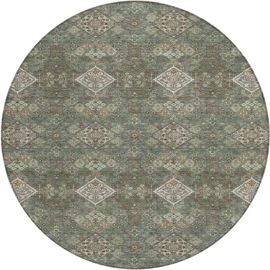 8' Green And Taupe Round Geometric Washable Indoor Outdoor Area Rug Photo 1