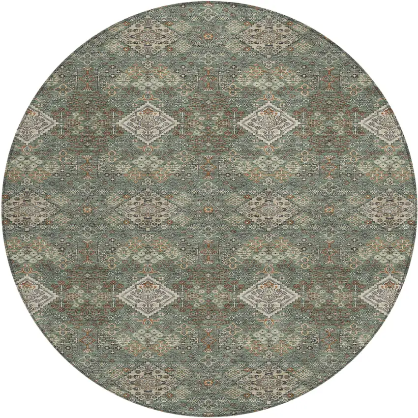 8' Green And Taupe Round Geometric Washable Indoor Outdoor Area Rug Photo 1