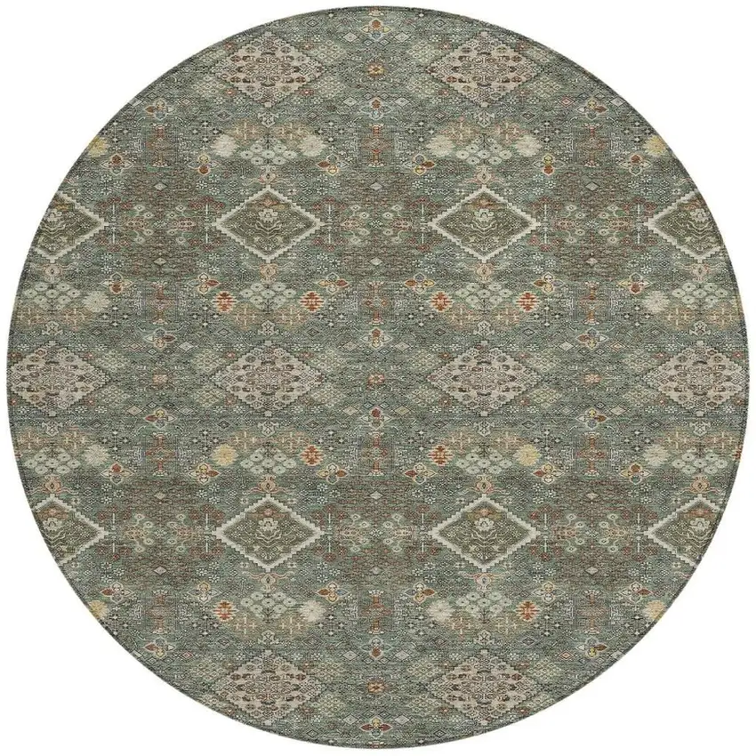 8' Green And Taupe Round Geometric Washable Indoor Outdoor Area Rug Photo 3