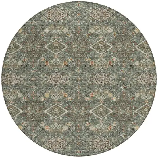 8' Green And Taupe Round Geometric Washable Indoor Outdoor Area Rug Photo 3