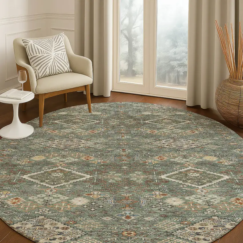 8' Green And Taupe Round Geometric Washable Indoor Outdoor Area Rug Photo 5