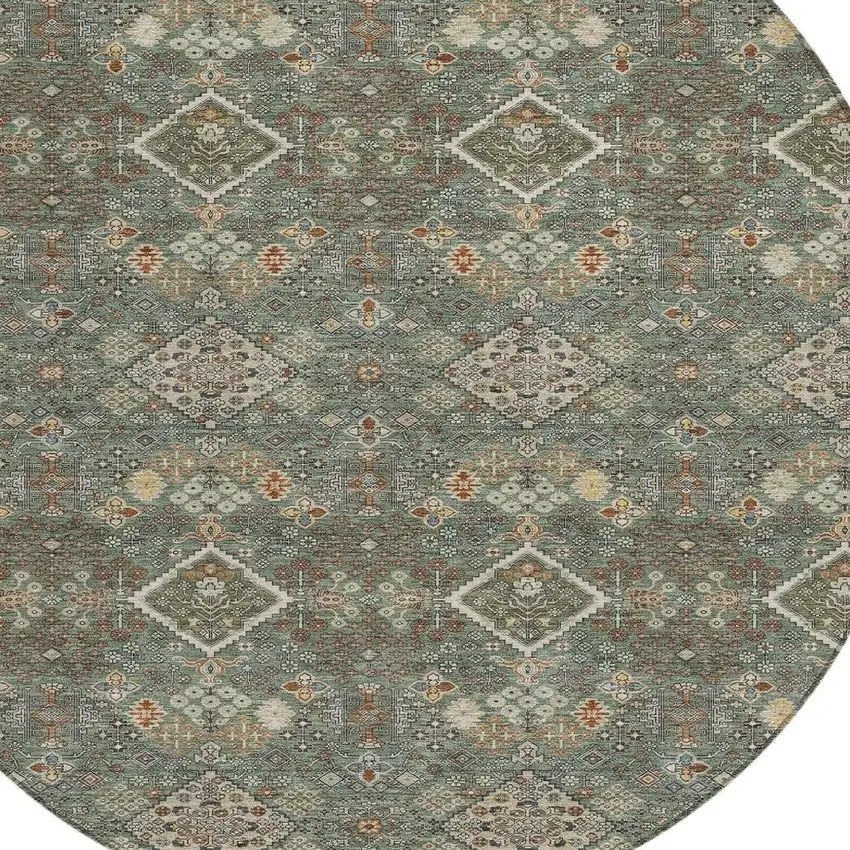8' Green And Taupe Round Geometric Washable Indoor Outdoor Area Rug Photo 2