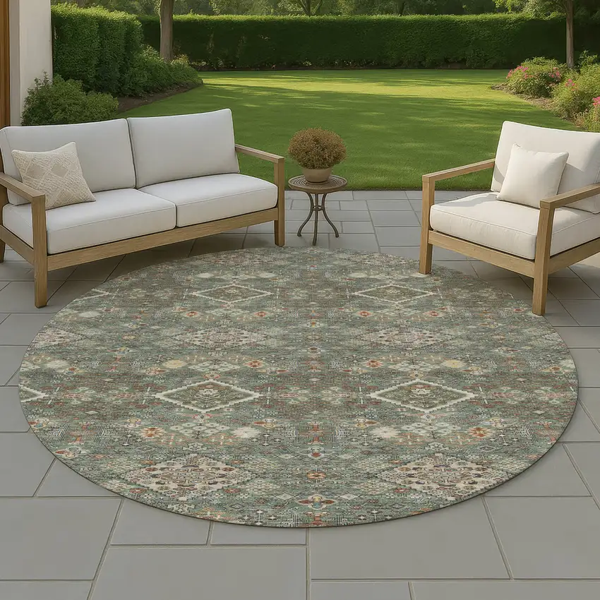 8' Green And Taupe Round Geometric Washable Indoor Outdoor Area Rug Photo 4