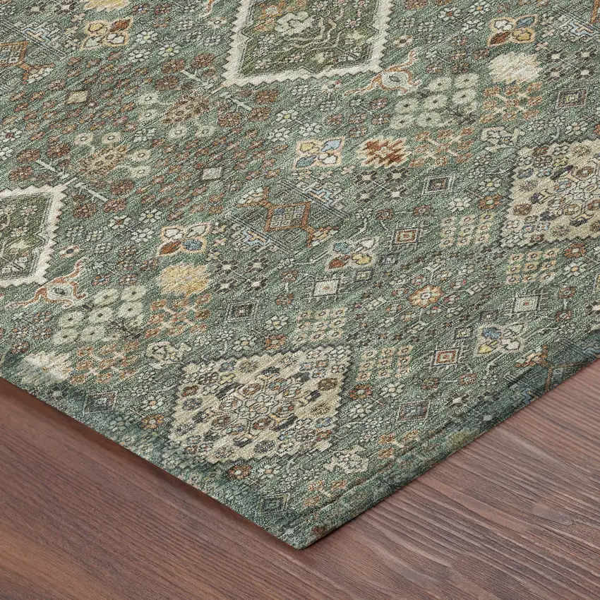 8' Green And Taupe Round Geometric Washable Indoor Outdoor Area Rug Photo 6