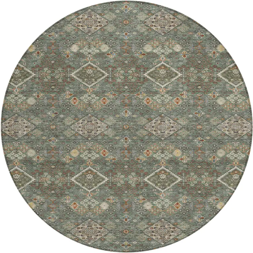 8' Green And Taupe Round Geometric Washable Indoor Outdoor Area Rug Photo 1