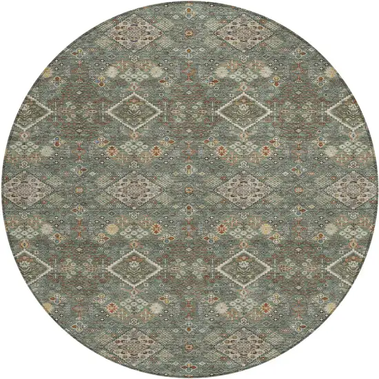 8' Green And Taupe Round Geometric Washable Indoor Outdoor Area Rug Photo 1