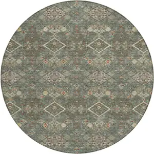 Photo of 8' Green And Taupe Round Geometric Washable Indoor Outdoor Area Rug