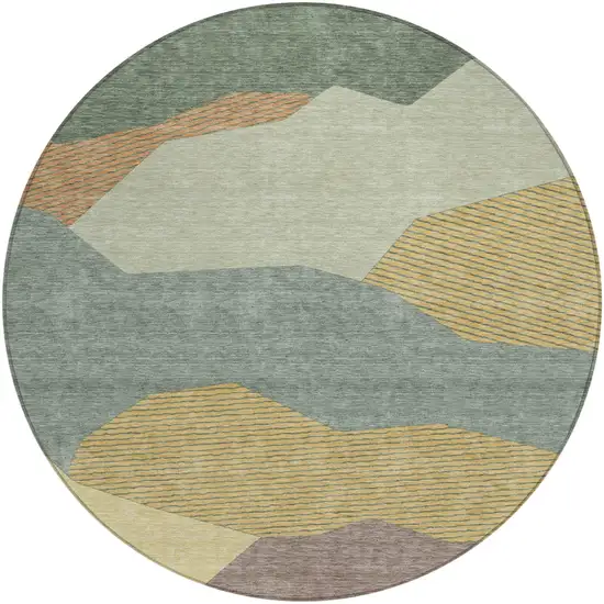 8' Green And Taupe Round Geometric Washable Indoor Outdoor Area Rug Photo 1
