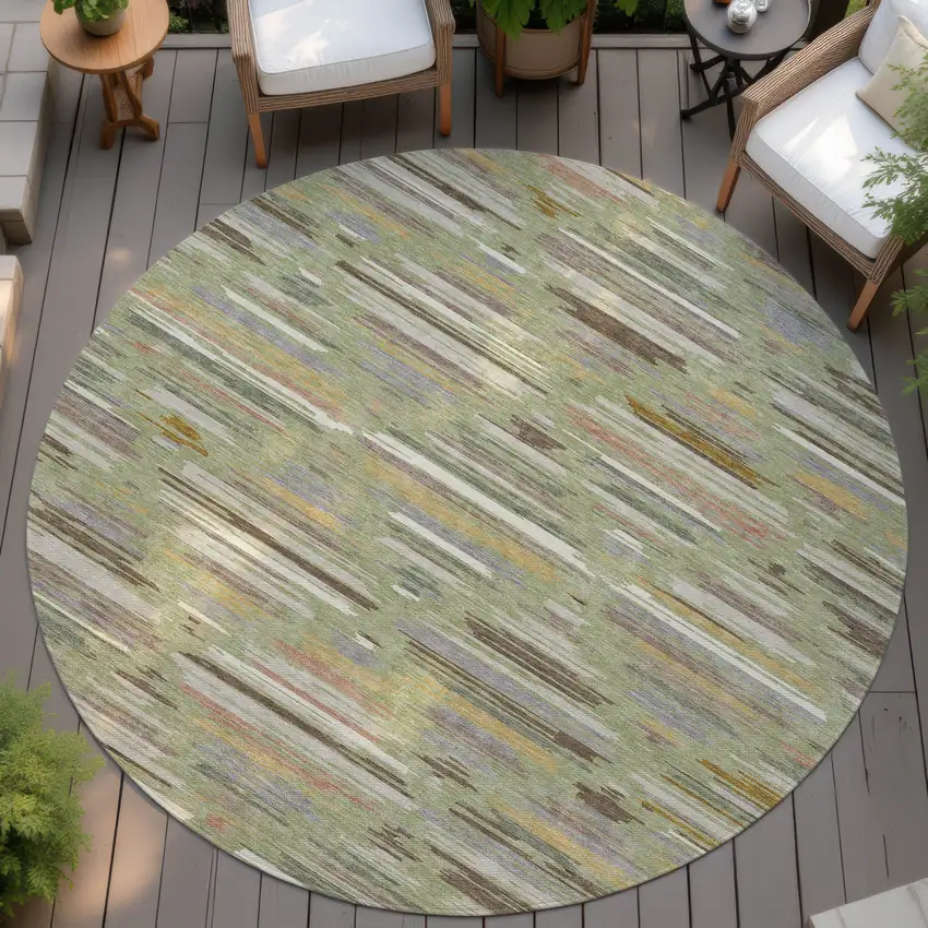 8' Green And Taupe Round Southwestern Washable Indoor Outdoor Area Rug Photo 4
