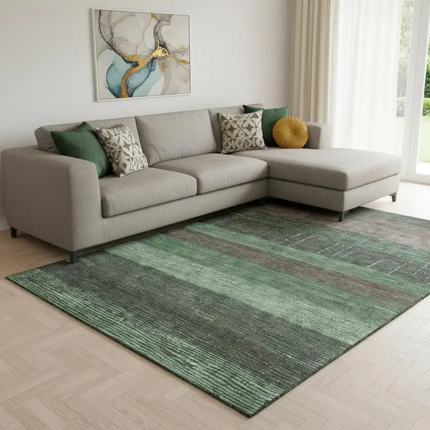 8' Green And Taupe Striped Washable Area Rug With UV Protection Photo 2