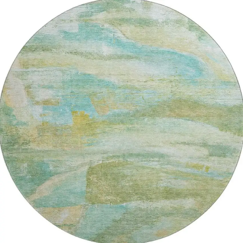 8' Green And Teal Abstract Washable Round Rug With UV Protection Photo 4