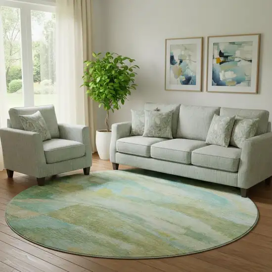 8' Green And Teal Abstract Washable Round Rug With UV Protection Photo 2