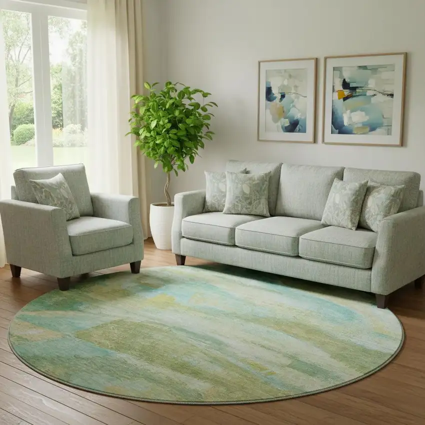 8' Green And Teal Abstract Washable Round Rug With UV Protection Photo 2