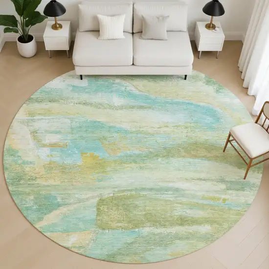 8' Green And Teal Abstract Washable Round Rug With UV Protection Photo 5