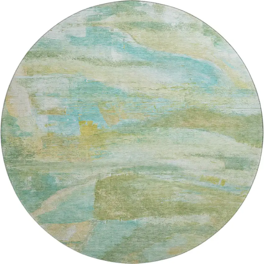 8' Green And Teal Abstract Washable Round Rug With UV Protection Photo 1