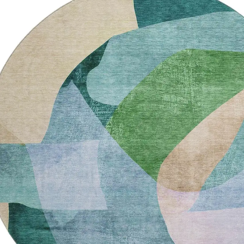 8' Green And Teal Abstract Washable Round Rug With UV Protection Photo 3
