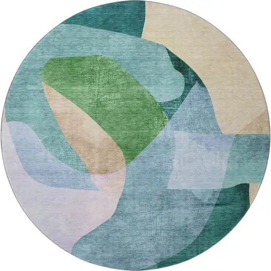 8' Green And Teal Abstract Washable Round Rug With UV Protection Photo 4