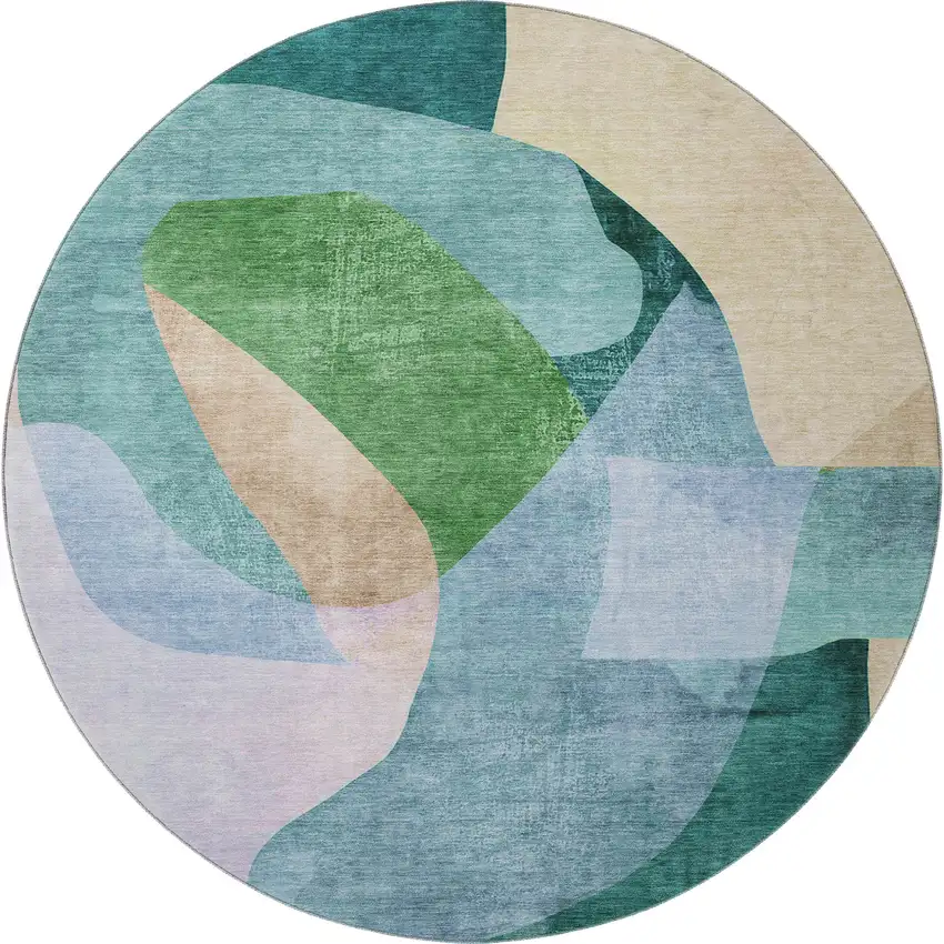 8' Green And Teal Abstract Washable Round Rug With UV Protection Photo 4