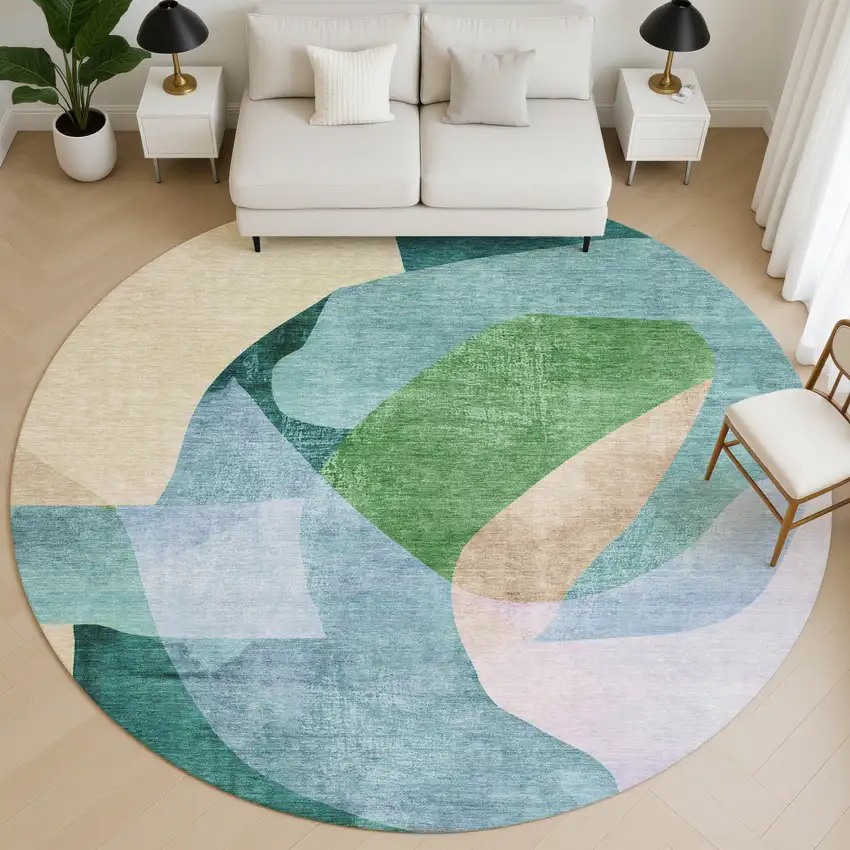 8' Green And Teal Abstract Washable Round Rug With UV Protection Photo 5