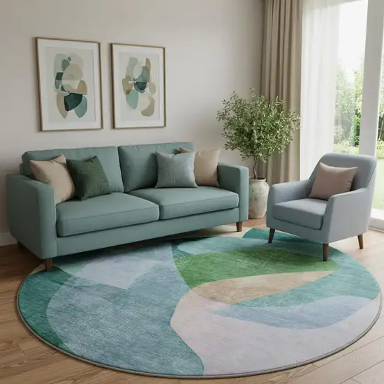 8' Green And Teal Abstract Washable Round Rug With UV Protection Photo 2