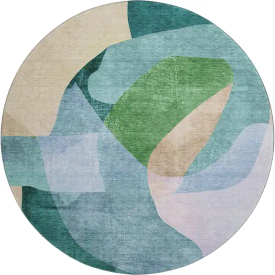 8' Green And Teal Abstract Washable Round Rug With UV Protection Photo 1