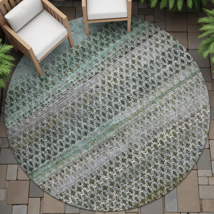 8' Green And Teal Blue Round Abstract Washable Indoor Outdoor Area Rug Photo 6