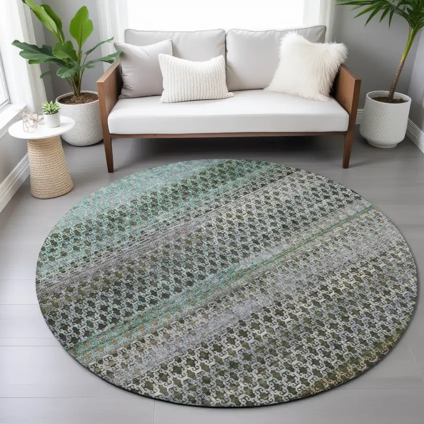 8' Green And Teal Blue Round Abstract Washable Indoor Outdoor Area Rug Photo 7