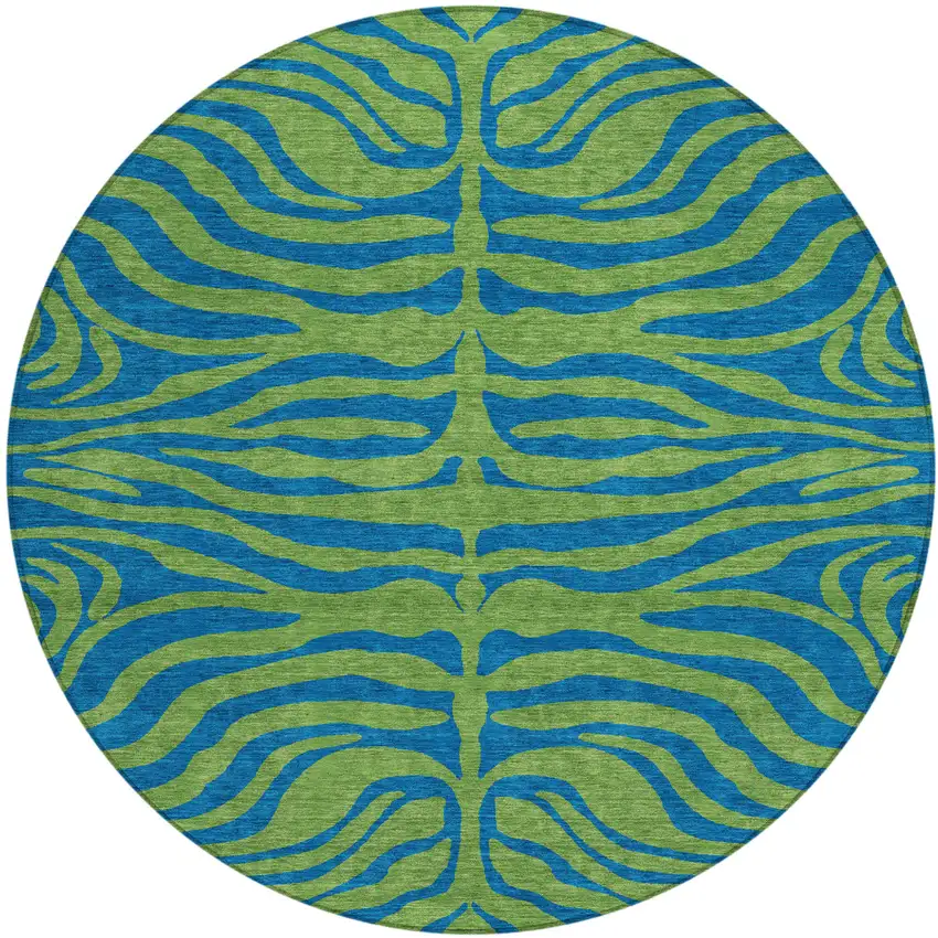 8' Green And Teal Blue Round Animal Print Washable Indoor Outdoor Area Rug Photo 2