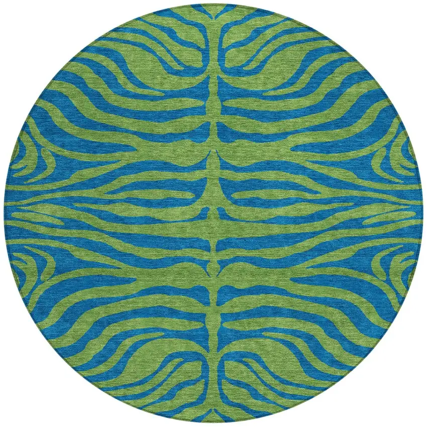 8' Green And Teal Blue Round Animal Print Washable Indoor Outdoor Area Rug Photo 3