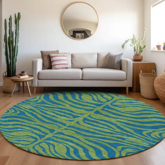 8' Green And Teal Blue Round Animal Print Washable Indoor Outdoor Area Rug Photo 8