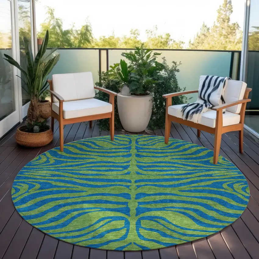 8' Green And Teal Blue Round Animal Print Washable Indoor Outdoor Area Rug Photo 7