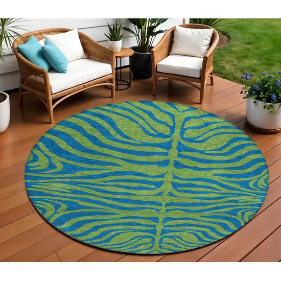8' Green And Teal Blue Round Animal Print Washable Indoor Outdoor Area Rug Photo 1