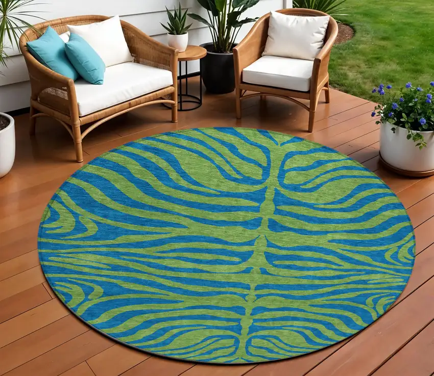 8' Green And Teal Blue Round Animal Print Washable Indoor Outdoor Area Rug Photo 1